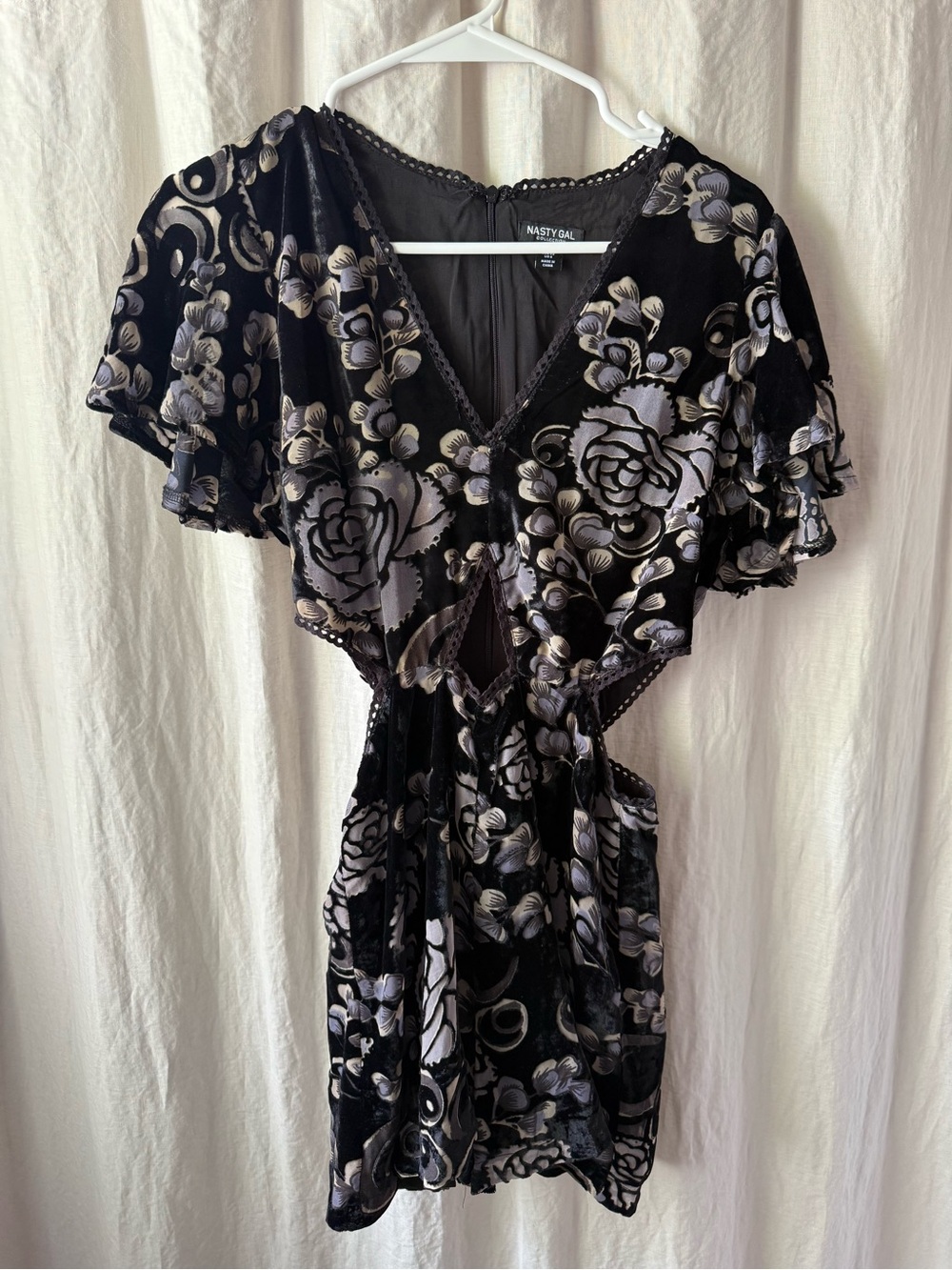 Nasty Gal Black Velvet Floral Tie-Waist Mini Dress